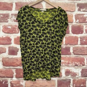 Michael Kors T Shirt Women's Large Green Black Tropical Palm Leaf Abstract Top